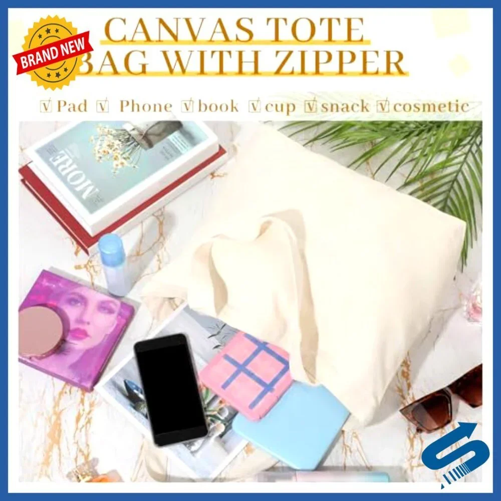 Large Canvas Tote Bag with Zipper Reusable Grocery Shopping DIY Craft